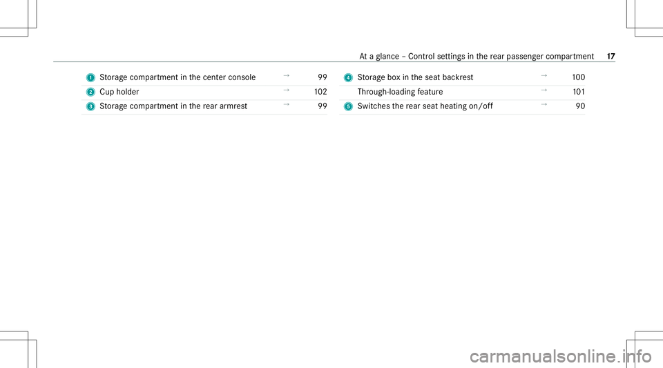 MERCEDES-BENZ S-CLASS CABRIOLET 2021  Owners Manual 1
Stor ag ecom partmen tin thecent ercon sole →
99
2 Cup holder →
102
3 Stor ag ecom partmen tin there ar armr est →
99 4
Stor ag ebo xin theseat backres t →
100
Thr ough-loading featur e →
