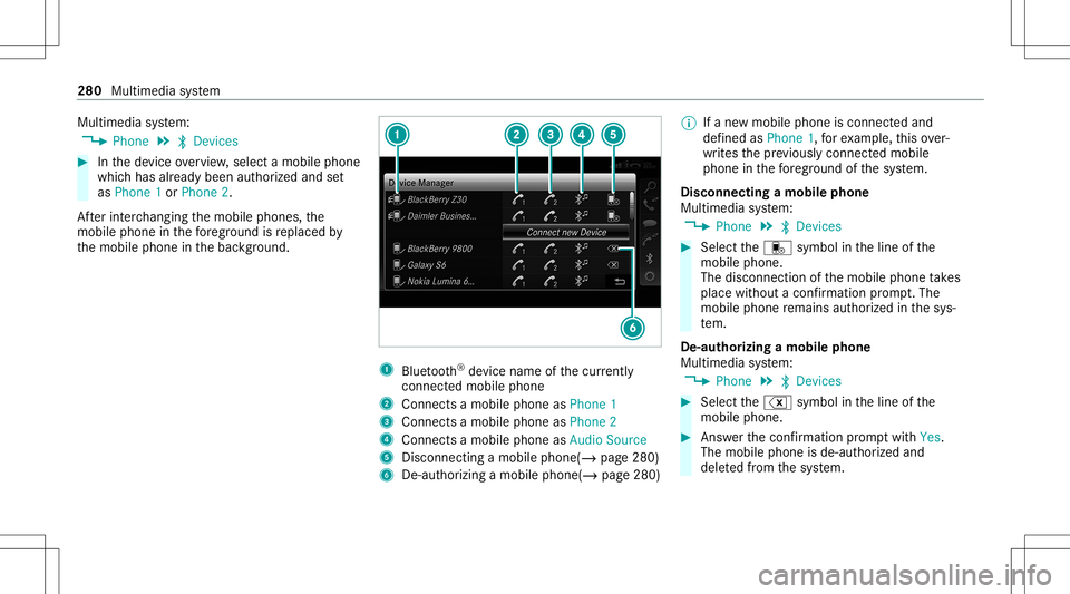 MERCEDES-BENZ S-CLASS CABRIOLET 2021 Owners Manual Multimedia
system:
4 Phone 5
00A5 Devic es #
Inthede vice overview, select amobile phone
whic hhas already been author ized andset
as Phone 1or Phone 2.
Af terint erch ang ingthemobile phones, the
mob MERCEDES-BENZ S-CLASS CABRIOLET 2021 Owners Manual Multimedia
system:
4 Phone 5
00A5 Devic es #
Inthede vice overview, select amobile phone
whic hhas already been author ized andset
as Phone 1or Phone 2.
Af terint erch ang ingthemobile phones, the
mob