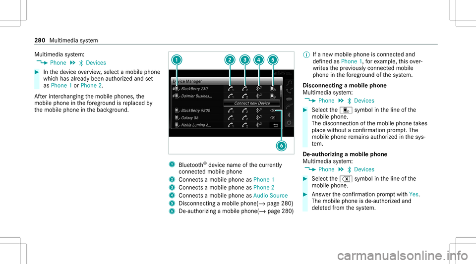MERCEDES-BENZ S-CLASS CABRIOLET 2021  Owners Manual Multimedia
system:
4 Phone 5
00A5 Devic es #
Inthede vice overview, select amobile phone
whic hhas already been author ized andset
as Phone 1or Phone 2.
Af terint erch ang ingthemobile phones, the
mob