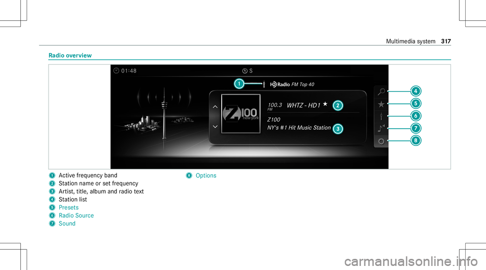 MERCEDES-BENZ S-CLASS CABRIOLET 2021 Owners Manual Ra
dio overview 1
Activefreq uency band
2 Statio nnam eor setfr eq uenc y
3 Artis t,tit le, album andradio text
4 Statio nlis t
5 Pres ets
6 Radio Source
7 Soun d 8
Options Mult
imed iasystem 317 MERCEDES-BENZ S-CLASS CABRIOLET 2021 Owners Manual Ra
dio overview 1
Activefreq uency band
2 Statio nnam eor setfr eq uenc y
3 Artis t,tit le, album andradio text
4 Statio nlis t
5 Pres ets
6 Radio Source
7 Soun d 8
Options Mult
imed iasystem 317