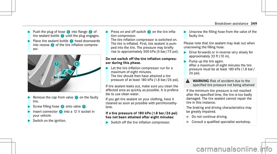 MERCEDES-BENZ S-CLASS CABRIOLET 2021  Owners Manual #
Push theplug ofhose 5intoflang e6 of
tir esealan tbo ttle 1 untilth eplug engages. #
Place tiresealant bottle 1 head down wards
int ore cess 2ofthetir einf lation compres‐
sor . #
Remo vethecap fr