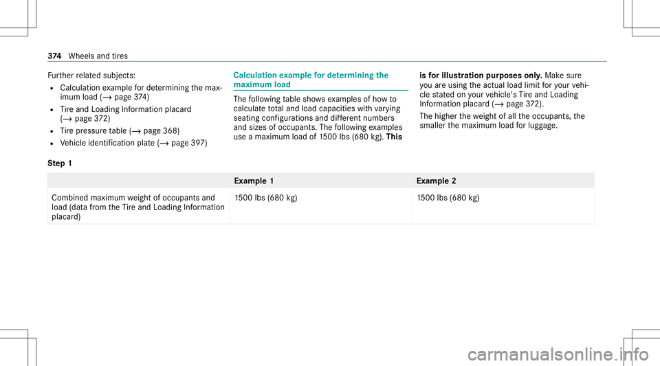 MERCEDES-BENZ S-CLASS CABRIOLET 2021 Owners Manual Fu
rther relat ed subje cts:
R Calculation exam ple forde term inin gth emax‐
imum load(/page37 4)
R Tire and Loadi ngInfo rm atio nplacar d
(/ page37 2)
R Tire pressur eta ble (/ page368 )
R Vehicl MERCEDES-BENZ S-CLASS CABRIOLET 2021 Owners Manual Fu
rther relat ed subje cts:
R Calculation exam ple forde term inin gth emax‐
imum load(/page37 4)
R Tire and Loadi ngInfo rm atio nplacar d
(/ page37 2)
R Tire pressur eta ble (/ page368 )
R Vehicl