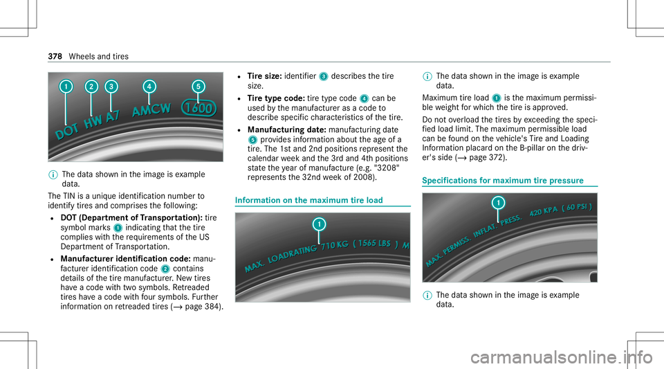 MERCEDES-BENZ S-CLASS CABRIOLET 2021 Owners Manual %
The datasho wnintheimag eis exam ple
dat a.
The TINisauniq ueiden tificat ion num berto
ident ifytires and comprises thefo llo wing:
R DOT(Depar tment ofTranspo rtation ):tir e
symb olmar ks1 indic MERCEDES-BENZ S-CLASS CABRIOLET 2021 Owners Manual %
The datasho wnintheimag eis exam ple
dat a.
The TINisauniq ueiden tificat ion num berto
ident ifytires and comprises thefo llo wing:
R DOT(Depar tment ofTranspo rtation ):tir e
symb olmar ks1 indic
