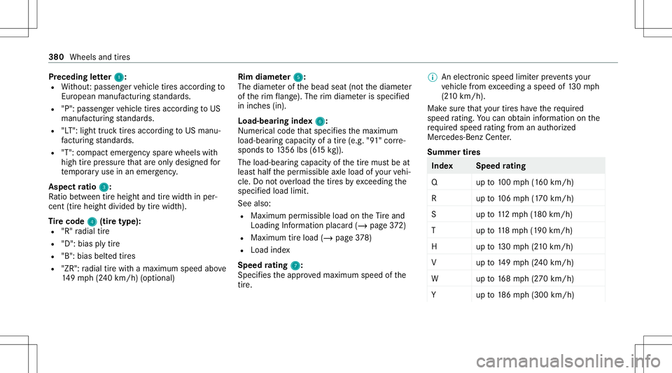 MERCEDES-BENZ S-CLASS CABRIOLET 2021  Owners Manual Pr
eceding letter 1 1:
R Without :passeng ervehicle tires accor dingto
Eur opeanma nuf actu ring standar ds.
R "P": passe nger vehicle tires accor dingtoUS
manuf acturingstandar ds.
R "LT&