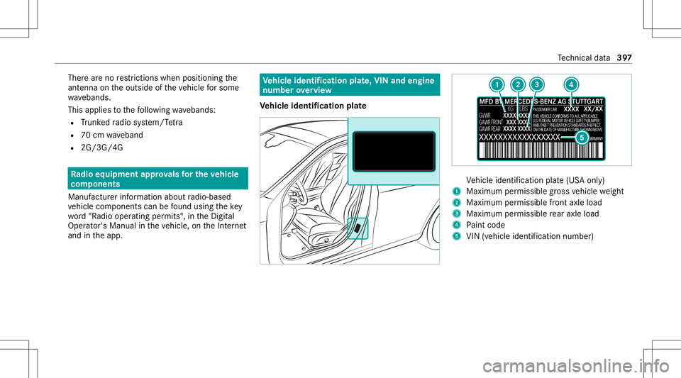 MERCEDES-BENZ S-CLASS CABRIOLET 2021 Owners Manual Ther
ear eno restrictions whenpos itioning the
ant enn aon theoutside oftheve hicle forsome
wav ebands.
This applies tothefo llo wing wavebands:
R Trunk edradio system/T etra
R 70cm wav eband
R 2G/3G/ MERCEDES-BENZ S-CLASS CABRIOLET 2021 Owners Manual Ther
ear eno restrictions whenpos itioning the
ant enn aon theoutside oftheve hicle forsome
wav ebands.
This applies tothefo llo wing wavebands:
R Trunk edradio system/T etra
R 70cm wav eband
R 2G/3G/