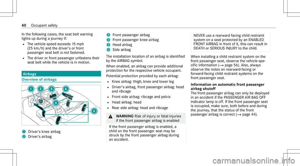 MERCEDES-BENZ S-CLASS CABRIOLET 2021 Service Manual In
thefo llo wing cases ,th eseat beltwarning
light sup dur ing ajour neyif:
R The vehicle speed exceeds 15mp h
(25 km/ h)and thedr iver's orfront
passeng erseat beltisno tfa stened.
R The driver 