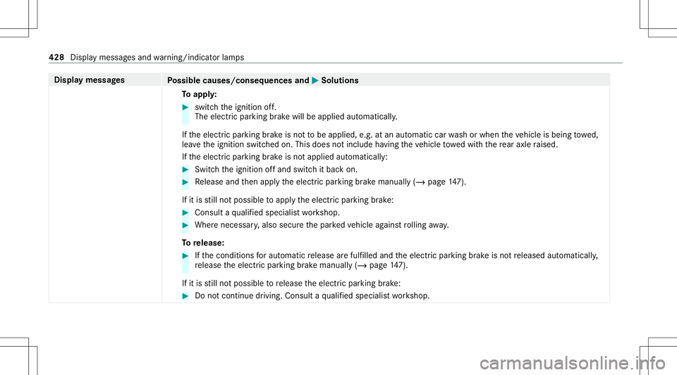 MERCEDES-BENZ S-CLASS CABRIOLET 2021 Owners Manual Disp
laymes sages
Possible causes/conseq uencesand0050 0050
Solutions
To appl y: #
switc hth eignition off.
The electr icpar king brak ewill beapplied automaticall y.
If th eelectr icpar king brak eis MERCEDES-BENZ S-CLASS CABRIOLET 2021 Owners Manual Disp
laymes sages
Possible causes/conseq uencesand0050 0050
Solutions
To appl y: #
switc hth eignition off.
The electr icpar king brak ewill beapplied automaticall y.
If th eelectr icpar king brak eis
