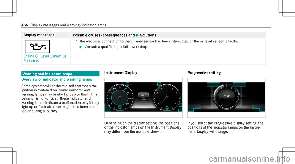 MERCEDES-BENZ S-CLASS CABRIOLET 2021 Owners Manual Disp
laymes sages
Possible causes/conseq uencesand0050 0050
Solutions
00B3 En gine OilLevel Cannot Be
Measured *T
heelectr icalconn ection totheoil leve lsen sor has been interru pte dor theoil leve l MERCEDES-BENZ S-CLASS CABRIOLET 2021 Owners Manual Disp
laymes sages
Possible causes/conseq uencesand0050 0050
Solutions
00B3 En gine OilLevel Cannot Be
Measured *T
heelectr icalconn ection totheoil leve lsen sor has been interru pte dor theoil leve l
