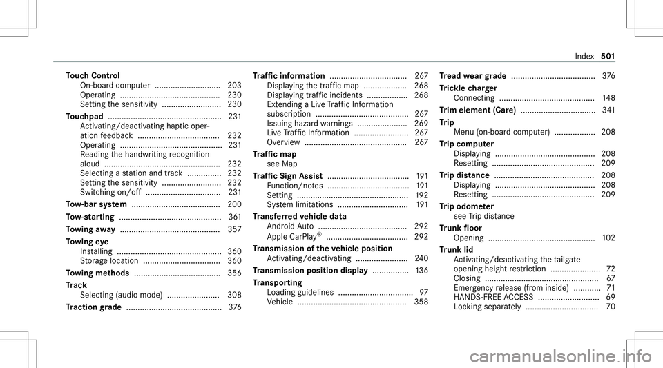 MERCEDES-BENZ S-CLASS CABRIOLET 2021  Owners Manual To
uc hCon trol
On-board computer ...... ....................... 203
Oper ating ............................................230
Se tting thesensit ivity..................... ..... 230
To uc hpad .....