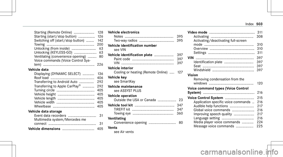 MERCEDES-BENZ S-CLASS CABRIOLET 2021  Owners Manual St
artin g(R emo teOnline) ............... ...... 128
St artin g(sta rt/s topbutt on) ............ .....1 26
Switc hingoff(s ta rt/s topbutt on) .... .... 142
To wing .................................