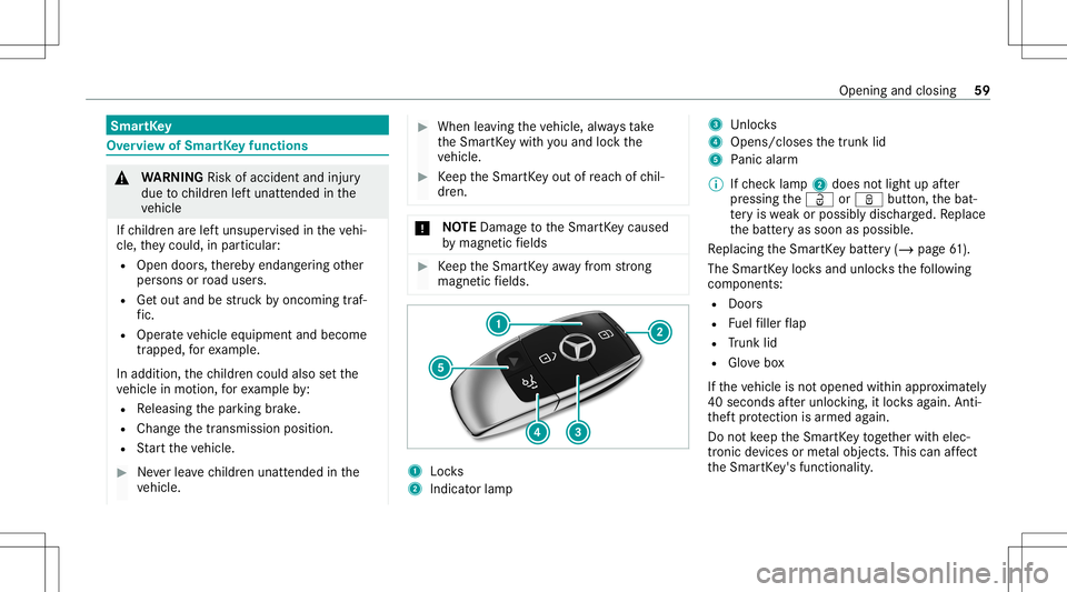 MERCEDES-BENZ S-CLASS CABRIOLET 2021  Owners Manual Smar
tKey Ov
ervie wof Smar tKey functio ns &
WARNIN GRisk ofacci dent andinjury
due tochildr enleftunat tende din the
ve hicle
If ch ildr enarelef tunsuper visedintheve hi‐
cle, they cou ld,in pa r