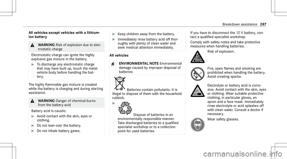 MERCEDES-BENZ E-CLASS CABRIOLET 2021 Owners Manual All
vehicl esexc eptve hicl eswith alithium-
ion batt ery &
WARNIN GRisk ofexplosion duetoelec‐
tr os tatic charge
Ele ctrostat icch arge can ignitethehighl y
ex plosiv ega smixtur ein thebatt ery. MERCEDES-BENZ E-CLASS CABRIOLET 2021 Owners Manual All
vehicl esexc eptve hicl eswith alithium-
ion batt ery &
WARNIN GRisk ofexplosion duetoelec‐
tr os tatic charge
Ele ctrostat icch arge can ignitethehighl y
ex plosiv ega smixtur ein thebatt ery.