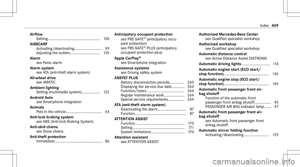 MERCEDES-BENZ E-CLASS CABRIOLET 2021 Owners Manual Air
flow
Se tting. .................................................. 130
AIRS CARF
Ac tivati ng/d eactiv ating........... ................99
Ad jus ting theoutle ts............................. 135
A