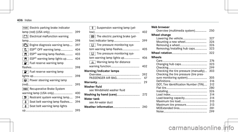 MERCEDES-BENZ E-CLASS CABRIOLET 2021  Owners Manual 0049
Electricpa rking brak eindic ator
lam p(red) (USAonl y)............................3 99
003D Electricalmalfunction warning
lam p.................................................. .... 398
00B9 En