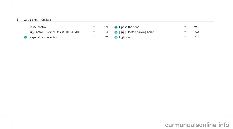 MERCEDES-BENZ E-CLASS CABRIOLET 2021  Owners Manual Cr
uise contro l →
172
I ActiveDis tance AssistDIS TRONI C →
176
T Diagno stics con nection →
25 U
Open sth ehood →
265
V 0024 Electric pa rking brak e →
161
W Light switch →
113 8
Ataglan