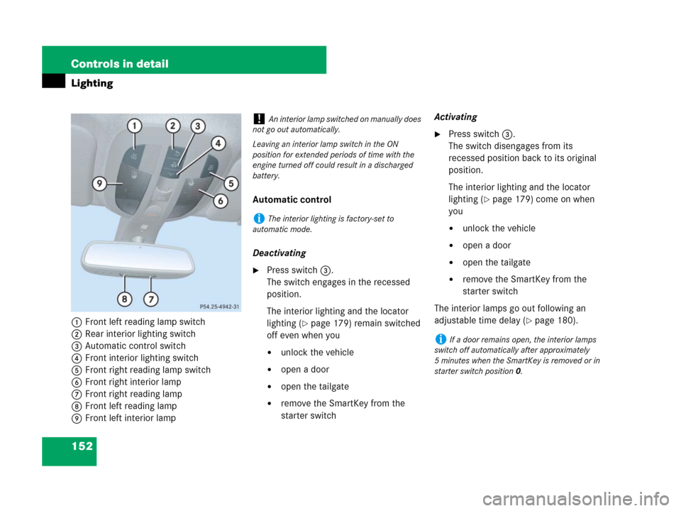 MERCEDES-BENZ GL450 2007 X164 User Guide 152 Controls in detail
Lighting
1Front left reading lamp switch
2Rear interior lighting switch
3Automatic control switch
4Front interior lighting switch
5Front right reading lamp switch
6Front right i