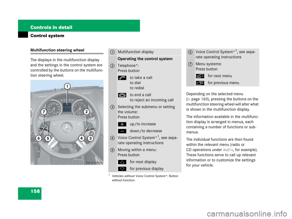 MERCEDES-BENZ GL320CDI 2007 X164 Owners Manual 158 Controls in detail
Control system
Multifunction steering wheel
The displays in the multifunction display 
and the settings in the control system are 
controlled by the buttons on the multifunc-
ti