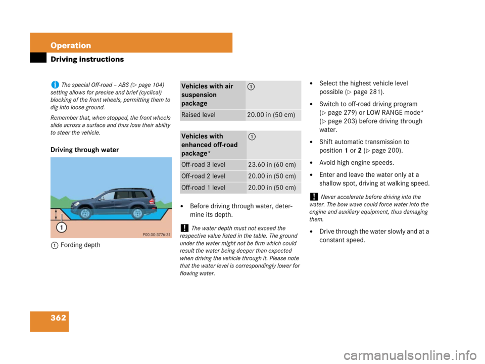MERCEDES-BENZ GL320CDI 2007 X164 Owners Manual 362 Operation
Driving instructions
Driving through water
1Fording depth
Before driving through water, deter-
mine its depth.
Select the highest vehicle level 
possible (
page 281).
Switch to off-r