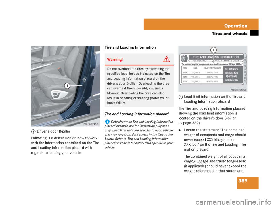 MERCEDES-BENZ GL320CDI 2007 X164 Owners Manual 389 Operation
Tires and wheels
1Driver’s door B-pillar
Following is a discussion on how to work 
with the information contained on the Tire 
and Loading Information placard with 
regards to loading 