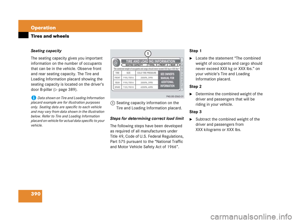 MERCEDES-BENZ GL450 2007 X164 Owners Manual 390 Operation
Tires and wheels
Seating capacity
The seating capacity gives you important 
information on the number of occupants 
that can be in the vehicle. Observe front 
and rear seating capacity. 