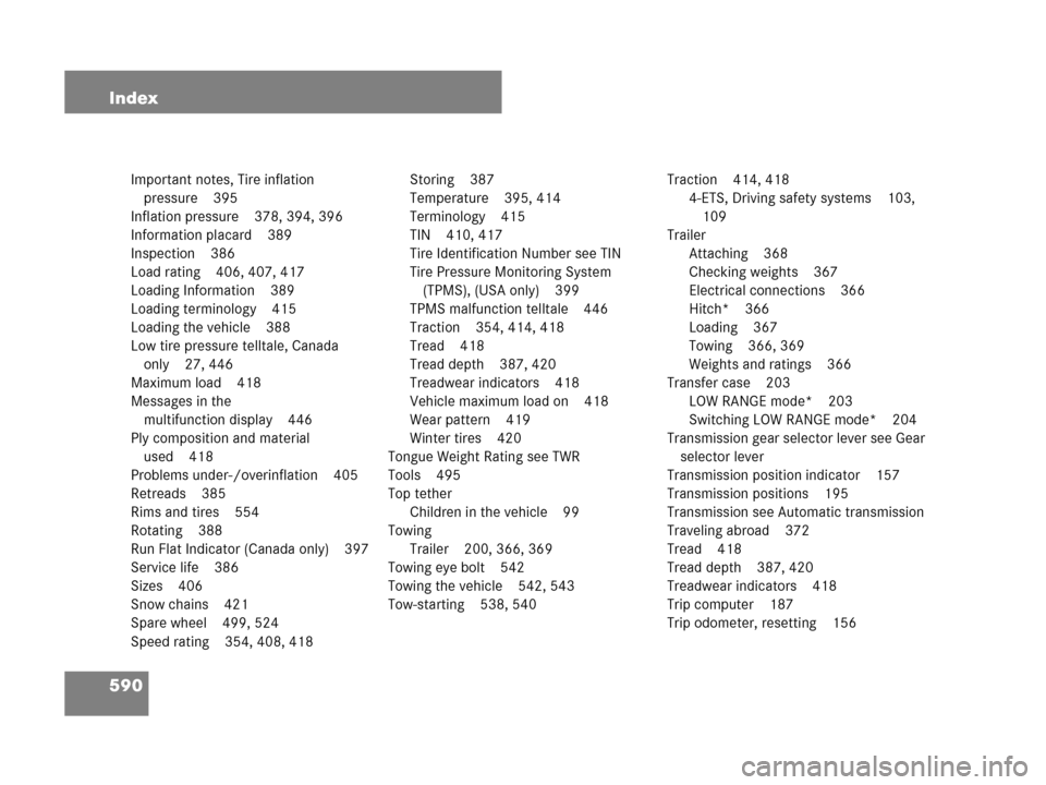 MERCEDES-BENZ GL450 2007 X164 User Guide 590 Index
Important notes, Tire inflation 
pressure 395
Inflation pressure 378, 394, 396
Information placard 389
Inspection 386
Load rating 406, 407, 417
Loading Information 389
Loading terminology 41