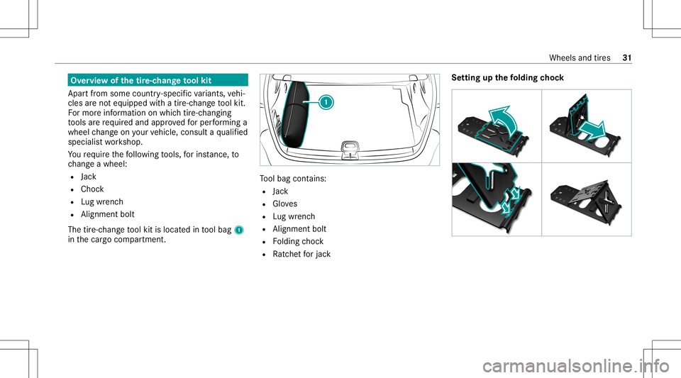 MERCEDES-BENZ A-CLASS SEDAN 2020  AMG Owners Guide Ov
ervie wof thetir e-c han getool kit
Apar tfr om some country- specif icvariant s,vehi‐
cles areno teq uipped withatir e-c hang eto ol kit.
Fo rmor einf ormation onwhi chtire-c hangi ng
to ols are