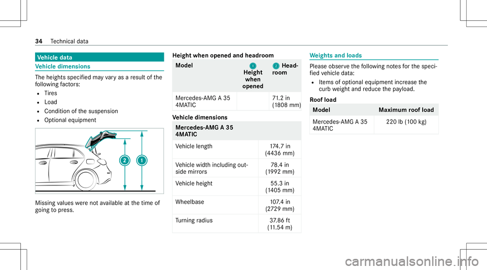 MERCEDES-BENZ A-CLASS SEDAN 2020  AMG Owners Manual Ve
hicl edata Ve
hicl edimens ions The
heightsspeci fied mayva ry as are sult ofthe
fo llo wing fact or s:
R Tire s
R Load
R Conditio nof thesuspension
R Option aleq uipment Missing
values werenotav a