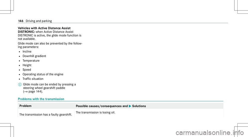 MERCEDES-BENZ A-CLASS SEDAN 2020  Owners Manual Ve
hicl eswith Activ eDi stance Assist
DI ST RO NIC :wh en ActiveDis tance Assist
DIS TRONI Cis acti ve,th eglide mode function is
no tav ailable.
Glide mode canalso bepreve nted bythefo llo w‐
ing 