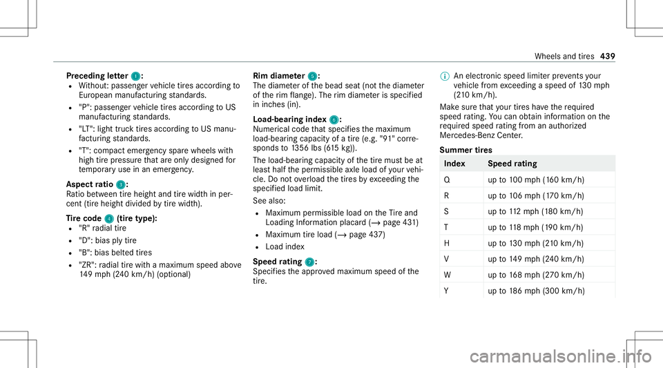 MERCEDES-BENZ A-CLASS SEDAN 2020  Owners Manual Pr
eceding letter 1 1:
R Without :passeng ervehicle tires accor dingto
Eur opeanma nuf actu ring standar ds.
R "P": passe nger vehicle tires accor dingtoUS
manuf acturingstandar ds.
R "LT&