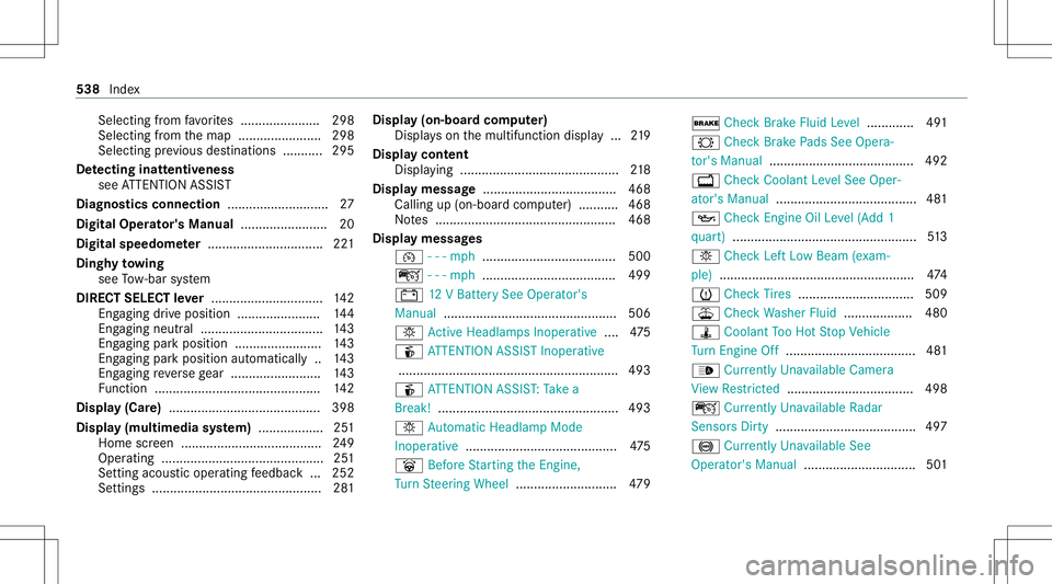 MERCEDES-BENZ A-CLASS SEDAN 2020 Owners Manual Sel
ecting from favo rite s ......................2 98
Selecti ngfrom themap ....................... 298
Select ingprev ious destination s...........2 95
De tectin ginat tentiv eness
see ATTENTION ASS MERCEDES-BENZ A-CLASS SEDAN 2020 Owners Manual Sel
ecting from favo rite s ......................2 98
Selecti ngfrom themap ....................... 298
Select ingprev ious destination s...........2 95
De tectin ginat tentiv eness
see ATTENTION ASS