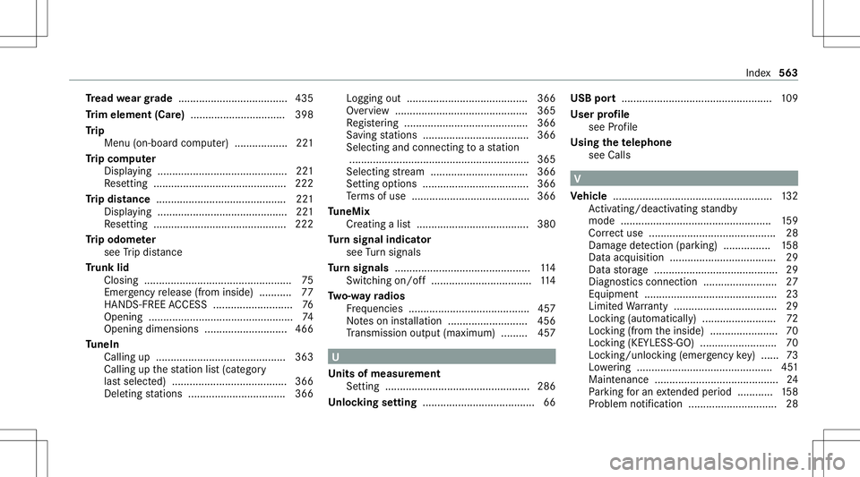 MERCEDES-BENZ A-CLASS SEDAN 2020  Owners Manual Tr
ead weargrade .....................................435
Tr im element (Care)................................ 398
Tr ip
Menu (on-boar dcom puter) .................. 221
Tr ip com puter
Displa ying...