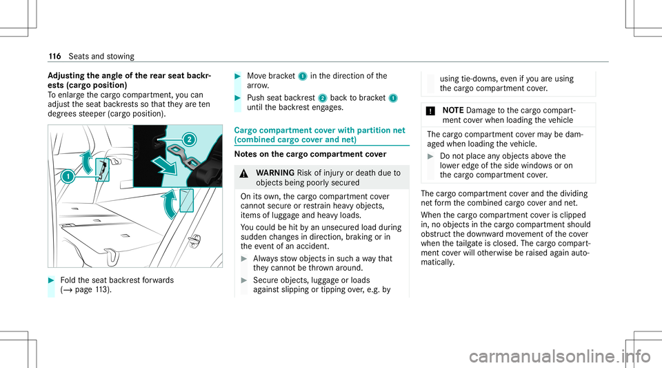 MERCEDES-BENZ E-CLASS WAGON 2020  Owners Manual Ad
jus tingthe angleof the rear seat backr‐
es ts (car go posi tion)
To enlar gethecar gocom partmen t,yo ucan
adj ustth eseat backres ts so that they arete n
degr eessteeper (cargoposition ). #
Fol