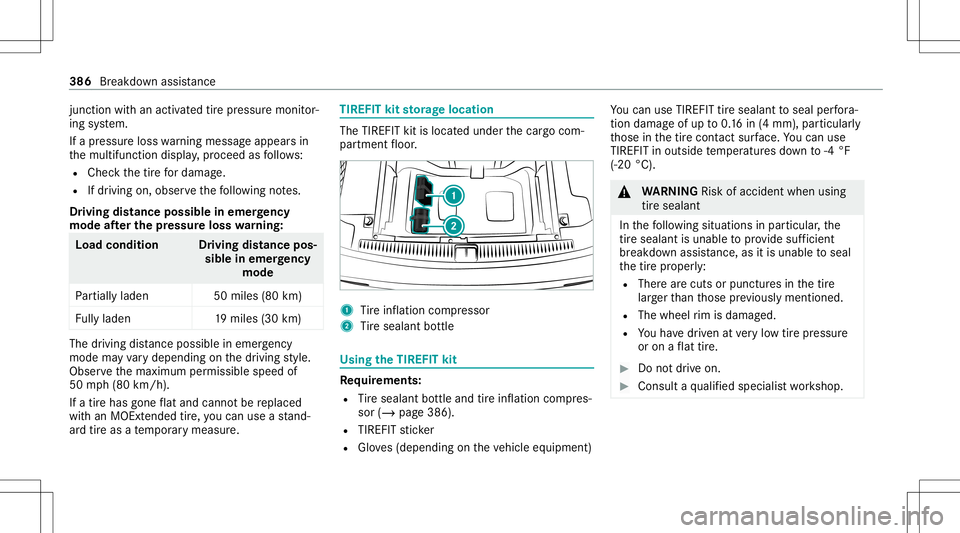 MERCEDES-BENZ E-CLASS WAGON 2020 Owners Manual juncti
onwith an act ivat ed tirepr essur emon itor‐
ing system.
If apr essur eloss warning mess ageappear sin
th emultifunc tiondispla y,proceed asfollo ws :
R Chec kth etir efo rdama ge.
R Ifdr iv MERCEDES-BENZ E-CLASS WAGON 2020 Owners Manual juncti
onwith an act ivat ed tirepr essur emon itor‐
ing system.
If apr essur eloss warning mess ageappear sin
th emultifunc tiondispla y,proceed asfollo ws :
R Chec kth etir efo rdama ge.
R Ifdr iv