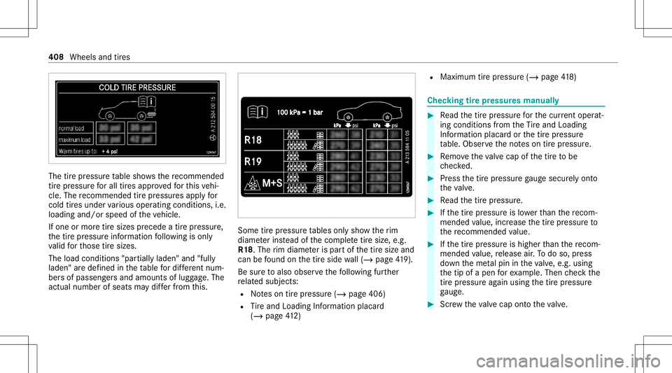 MERCEDES-BENZ E-CLASS WAGON 2020  Owners Manual The
tirepr essur eta ble showsthere comme nded
tir epr ess urefo rall tires app rove dfo rth is vehi‐
cle. The recomme ndedtirepr ess ures apply for
cold tires und ervarious oper ating condit ions,i