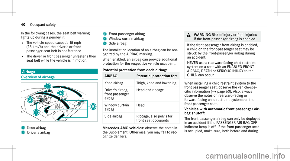 MERCEDES-BENZ E-CLASS WAGON 2020 Service Manual In
thefo llo wing cases ,th eseat beltwarning
light sup dur ing ajour neyif:
R The vehicle speed exceeds 15mp h
(25 km/ h)and thedr iver's orfront
passeng erseat beltisno tfa stened.
R The driver 