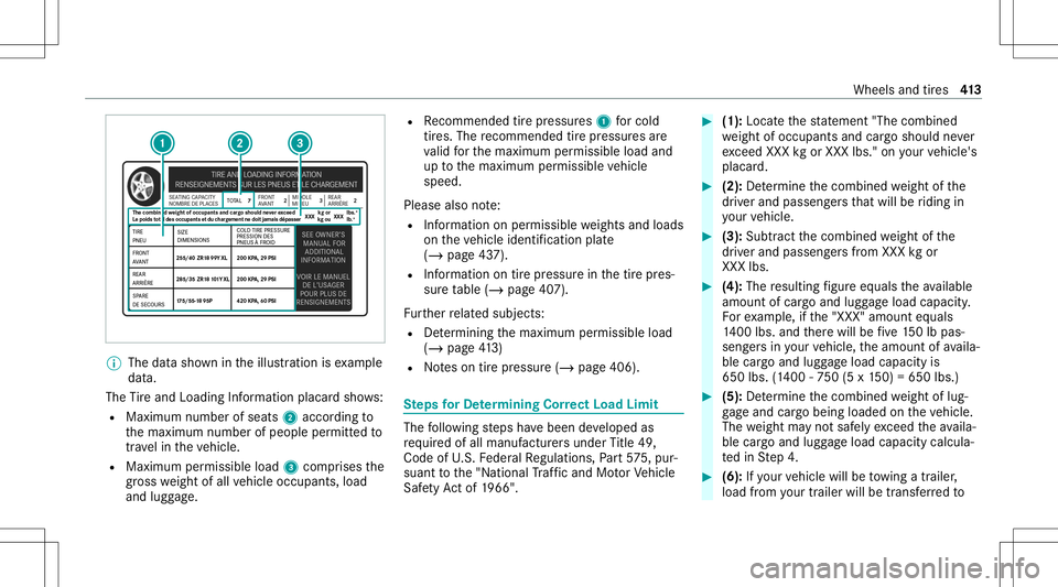 MERCEDES-BENZ E-CLASS WAGON 2020  Owners Manual %
The datasho wnintheillus tration isexam ple
dat a.
The Tire and Loadi ngInfo rm atio nplacar dsho ws:
R Maximum numberofseats 2accor dingto
th emaximum numberofpeople permitt edto
tr ave lin theve h