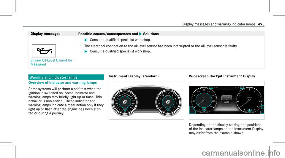 MERCEDES-BENZ E-CLASS WAGON 2020 Owners Manual Disp
laymes sages
Possible causes/conseq uencesand0050 0050
Solutions #
Consult aqu alif ied spec ialistwo rkshop.
00B3 Engine OilLevel Cannot Be
Measured *T
heelectr icalconn ection totheoil leve lse MERCEDES-BENZ E-CLASS WAGON 2020 Owners Manual Disp
laymes sages
Possible causes/conseq uencesand0050 0050
Solutions #
Consult aqu alif ied spec ialistwo rkshop.
00B3 Engine OilLevel Cannot Be
Measured *T
heelectr icalconn ection totheoil leve lse