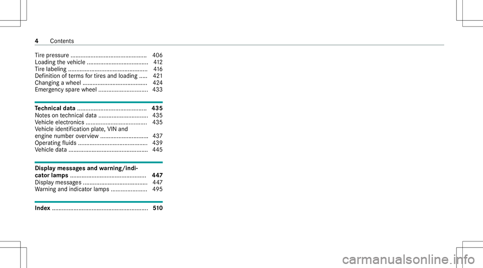 MERCEDES-BENZ E-CLASS WAGON 2020  Owners Manual Ti
re pressur e................ .................... .......... 406
Loading theve hicle ........................... ..........4 12
Ti re labeling ................ ................................ 416
