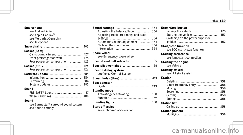 MERCEDES-BENZ E-CLASS WAGON 2020  Owners Manual Smar
tphone
see Andr oidAuto
see Apple CarPla y®
see Mercedes-Benz Link
see Telephon e
Sno wch ains ............................................405
Soc ket(1 2 V)
Ca rgocom partmen t.................