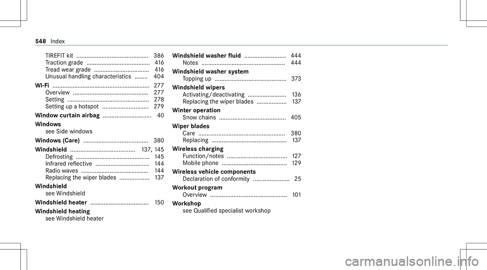 MERCEDES-BENZ E-CLASS WAGON 2020  Owners Manual TIREFIT
kit...........................................3 86
Tr act ion grade ...................................... 416
Tr ead weargrade ............................ .....4 16
Un usual handlingch aract
