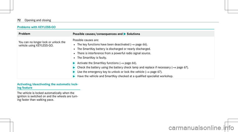 MERCEDES-BENZ E-CLASS WAGON 2020  Owners Manual Pr
oblems withKEYLESS-GO Pr
oblem
Possible causes/conseq uencesand0050 0050
Solutions
Yo ucan nolongerloc kor unloc kth e
ve hicle using KEYLES S-GO. Po
ssible causes are:
R The keyfun ction sha ve be