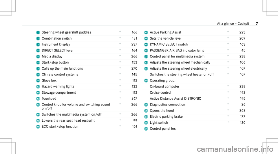 MERCEDES-BENZ E-CLASS WAGON 2020  Owners Manual 1
Steer ing wheel gearshif tpaddles →
166
2 Comb inationswit ch →
131
3 Instrument Display →
237
4 DIRECT SELECT leve r →
164
5 Media display →
266
6 Start/ stop butt on →
153
7 Calls upth