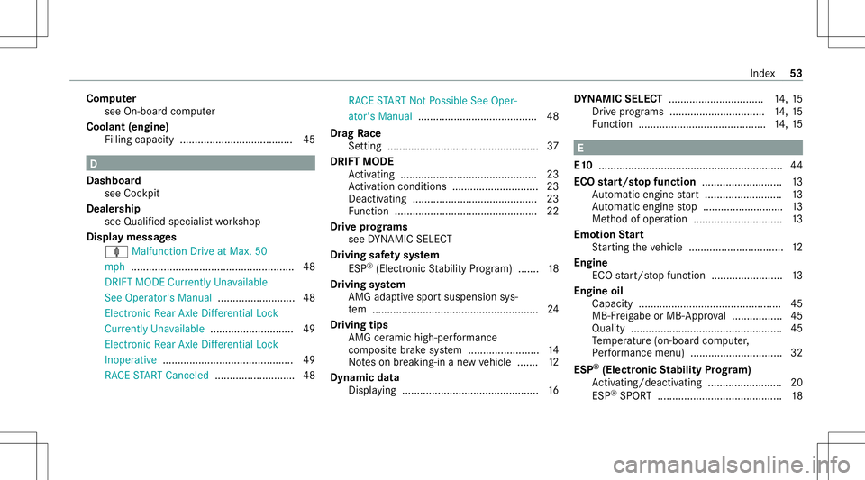 MERCEDES-BENZ E-CLASS SEDAN 2020  AMG Workshop Manual Com
puter
see On-boar dcom puter
Cool ant(engi ne)
Filling capacity ...................................... 45 D
Dashboar d
see Cockpit
Deale rship
see Qualified speci alist wo rkshop
Displa ymessag es