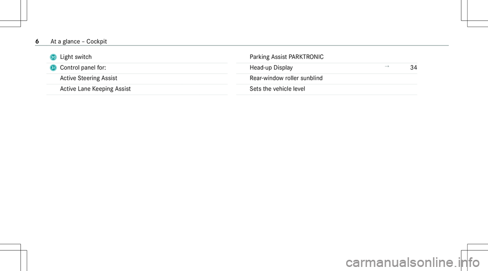 MERCEDES-BENZ E-CLASS SEDAN 2020  AMG Owners Manual U
Light switch
V Contr olpanel for:
Ac tiveSt eer ing Assis t
Ac tiveLa ne Keeping Assist Pa
rking AssistPA RK TRONI C
Hea d-up Displa y →
34
Re ar-win dowroller sunblin d
Se tstheve hicle leve l 6
