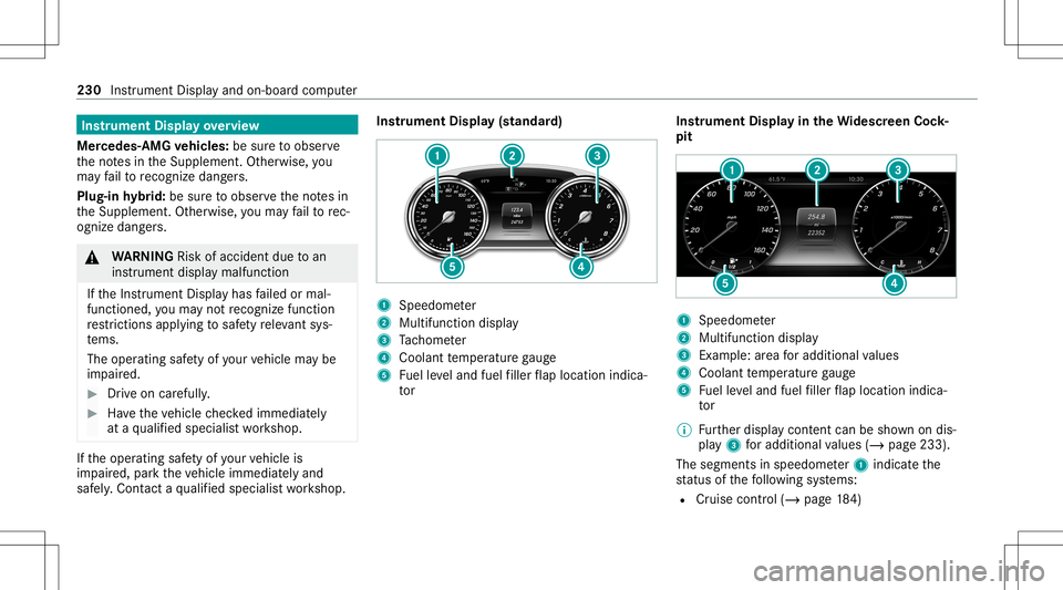MERCEDES-BENZ E-CLASS SEDAN 2020 Owners Manual Ins
trum ent Disp layove rview
Mer cedes- AMGvehicl es:besur eto obser ve
th eno tesin theSupplement .Ot her wise, you
ma yfa ilto recogni zedangers.
Plu g-inhy brid: besur eto obser vetheno tesin
th MERCEDES-BENZ E-CLASS SEDAN 2020 Owners Manual Ins
trum ent Disp layove rview
Mer cedes- AMGvehicl es:besur eto obser ve
th eno tesin theSupplement .Ot her wise, you
ma yfa ilto recogni zedangers.
Plu g-inhy brid: besur eto obser vetheno tesin
th