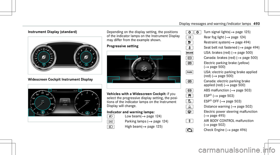 MERCEDES-BENZ E-CLASS SEDAN 2020  Owners Manual Ins
trum ent Disp lay(s tand ard) Wi
des cree nCo ckpit Instru men tDi spl ay Dep
endingonthedispla yse tting, theposition s
of theindicat orlam pson theIns trument Display
ma ydif ferfr om theex am p