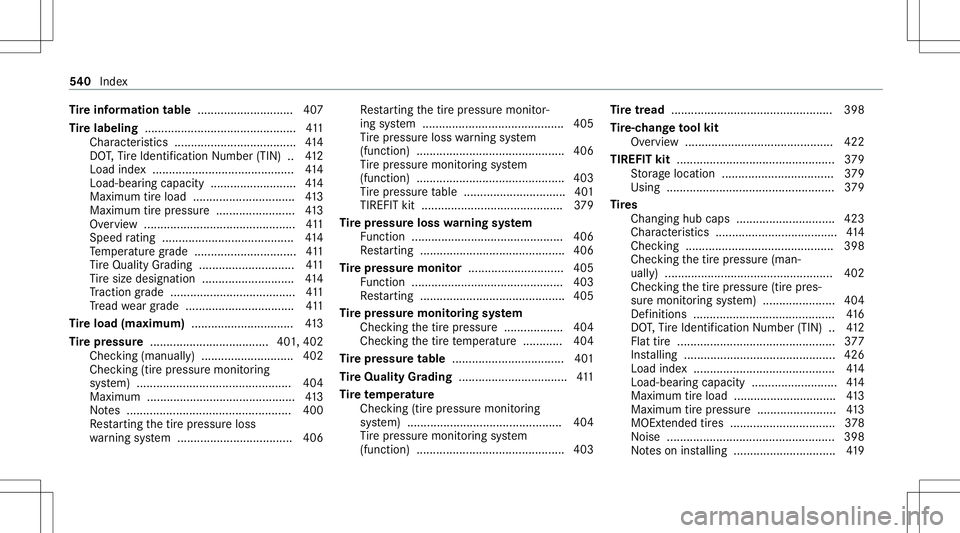 MERCEDES-BENZ E-CLASS SEDAN 2020  Owners Manual Ti
re informa tion table .............................4 07
Ti re labeling .............................................. 411
Charact eristic s.....................................4 14
DO T,Tire Identi