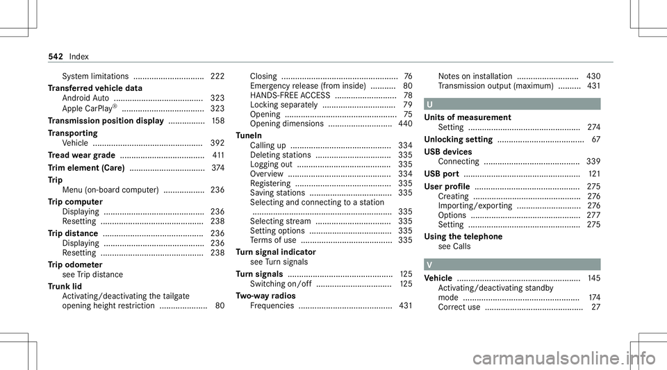 MERCEDES-BENZ E-CLASS SEDAN 2020  Owners Manual Sy
stem limit ations ........................... ....2 22
Tr ansf erre dve hicl edata
Andr oidAuto <0011001100110011001100110011001100110011001100110011001100110011
00110011001100110011001100110011001