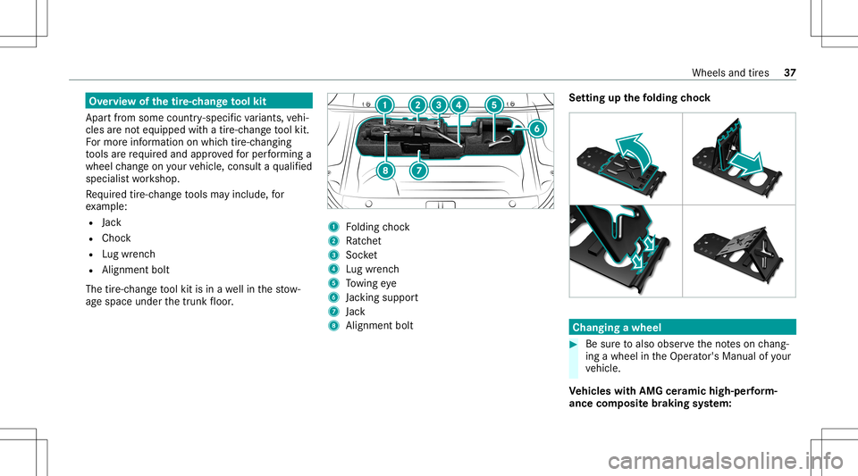 MERCEDES-BENZ S-CLASS 2020  AMG Owners Guide Ov
ervie wof thetir e-c han getool kit
Apar tfr om some country- specif icvariant s,vehi‐
cles areno teq uipped withatir e-c hang eto ol kit.
Fo rmor einf ormation onwhi chtire-c hangi ng
to ols are