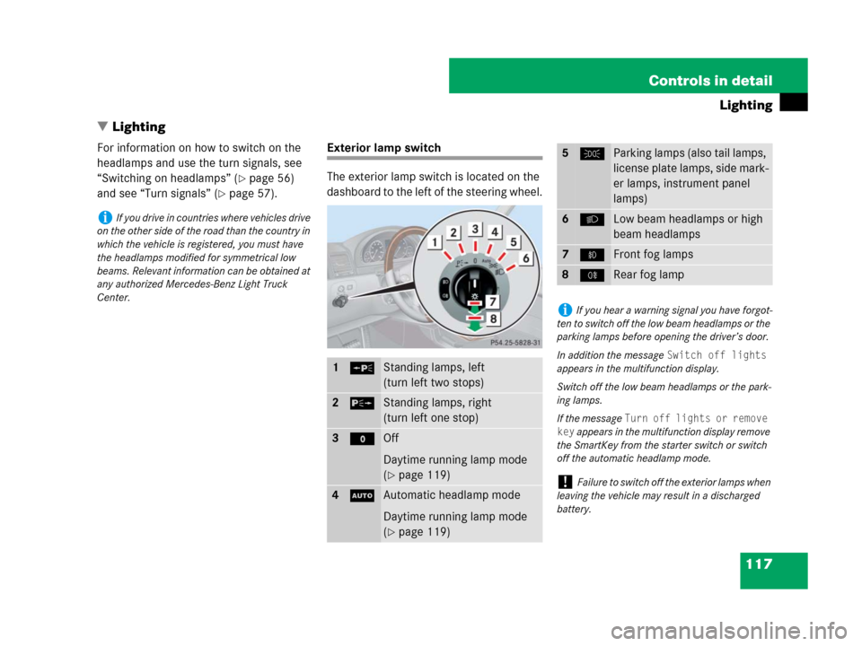 MERCEDES-BENZ G55AMG 2007 W463 Owners Manual 117 Controls in detail
Lighting
Lighting
For information on how to switch on the 
headlamps and use the turn signals, see 
“Switching on headlamps” (
page 56) 
and see “Turn signals” (
page
